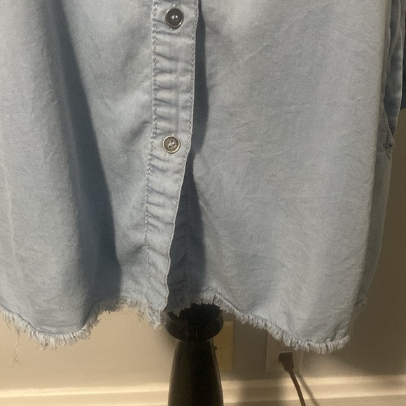 Lght Blue Denim Look Mini Dress Long Top Raw Hem 3/4 Drop Puff Sleeves Tier Back - Picture 3 of 7